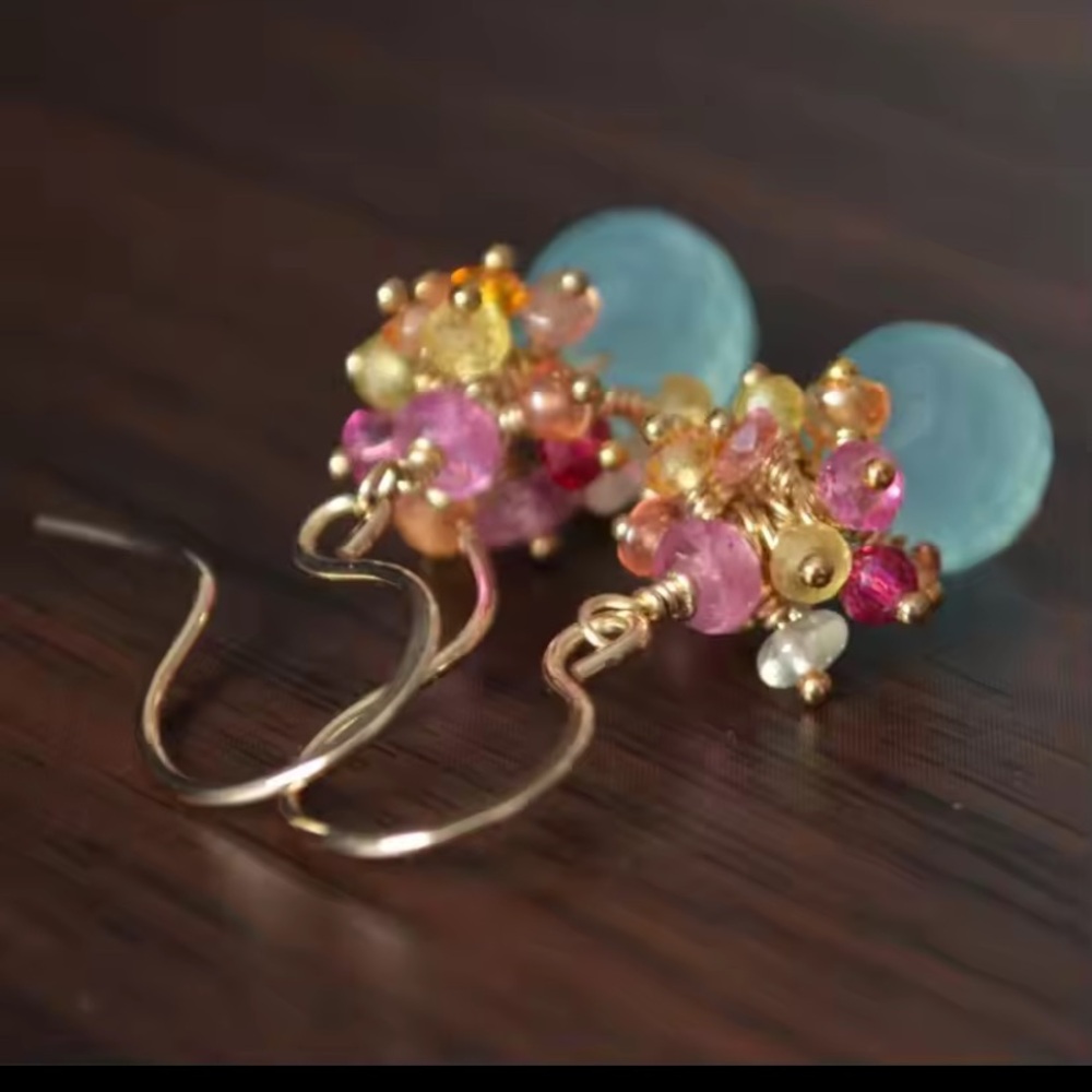 - Chalcedony Gemstone Earrings 1”-14k Gold Filled Earring Tops - Picture 5 of 6